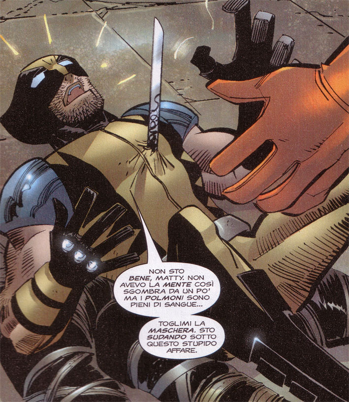Non sto bene, Matty! Non sto bene, Matty!<br>Wolverine Vol. 3 #24 Tavola 19 Vignetta 5<br><i>(c) 2005 Marvel Comics / 2006 Panini Comics</i>
