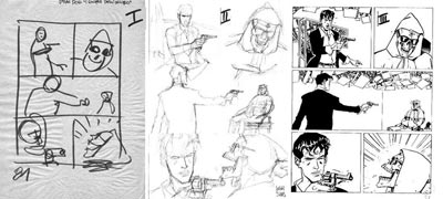 Passaggio dal bozzetto iniziale alla tavola finita<br>disegni di Luigi Siniscalchi<br><i>(c) 2006 degli autori, If Edizioni e Sergio Bonelli Editore</i>