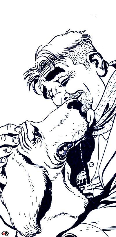 Un cane che fa le feste ad una persona anziana, senza parole, su sfondo bianco Un cane che fa le feste ad una persona anziana, senza parole, su sfondo bianco<br>disegni di Giampiero Casertano<br><i>(c) 2006 SBE</i>