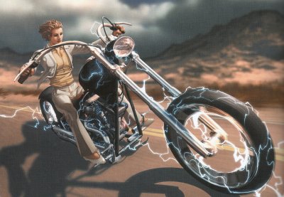 La silenziosa Ruth a cavallo della motocicletta di Ghost Rider<br>pag.72<br><i>(c) 2007 Marvel Comics / Panini Comics</i>
