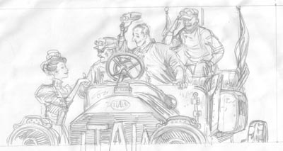 Studio Personaggi: i Parigini accorrono all'arrivo dell'Itala 35/45hp di Scipione Borghese<br>disegni di Luigi Simeoni<br><i>(c) 2007 Sergio Bonelli Editore</i>