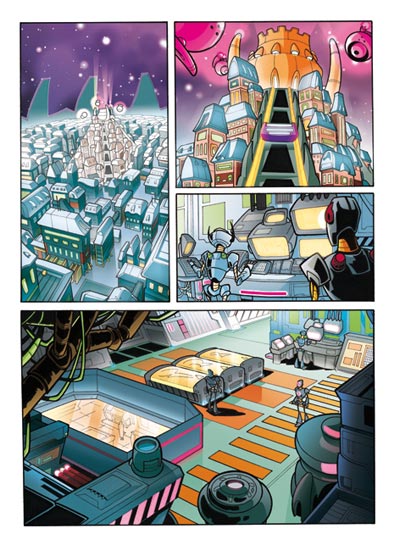 Tavola tratta da Eternopolis numero 0<br>disegni di Elisa Falcone, colori di Marina Iovine<br><i>(c) 2008 Salvatore Taormina</i>