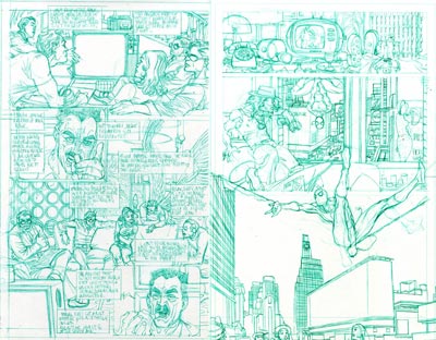 Tavola doppia tratta dalla miniserie - matite<br>disegni di Mario Alberti<br><i>(c) 2009 Panini Comics</i>
