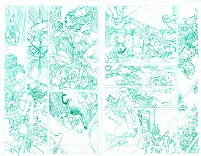 Tavola doppia tratta dalla miniserie - matite<br>disegni di Mario Alberti<br><i>(c) 2009 Panini Comics</i>