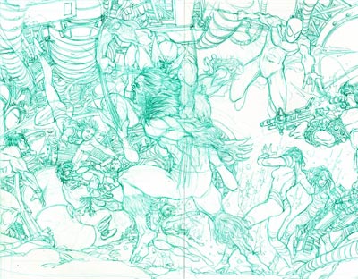 Tavola doppia tratta dalla miniserie - matite<br>disegni di Mario Alberti<br><i>(c) 2009 Panini Comics</i>