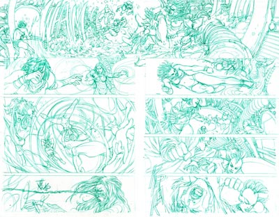 Tavola doppia tratta dalla miniserie - matite<br>disegni di Mario Alberti<br><i>(c) 2009 Panini Comics</i>