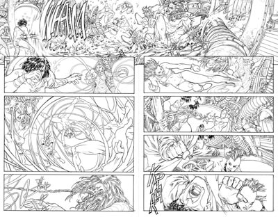 Tavola doppia tratta dalla miniserie - chine<br>disegni di Mario Alberti<br><i>(c) 2009 Panini Comics</i>