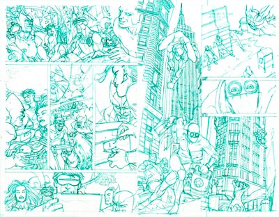 Tavola doppia tratta dalla miniserie - matite<br>disegni di Mario Alberti<br><i>(c) 2009 Panini Comics</i>