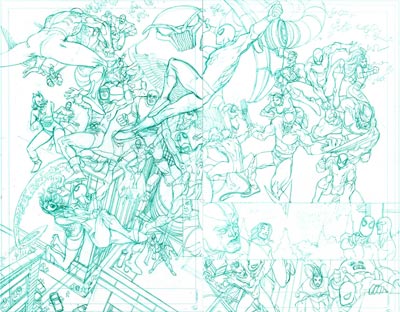 Tavola doppia tratta dalla miniserie - matite<br>disegni di Mario Alberti<br><i>(c) 2009 Panini Comics</i>