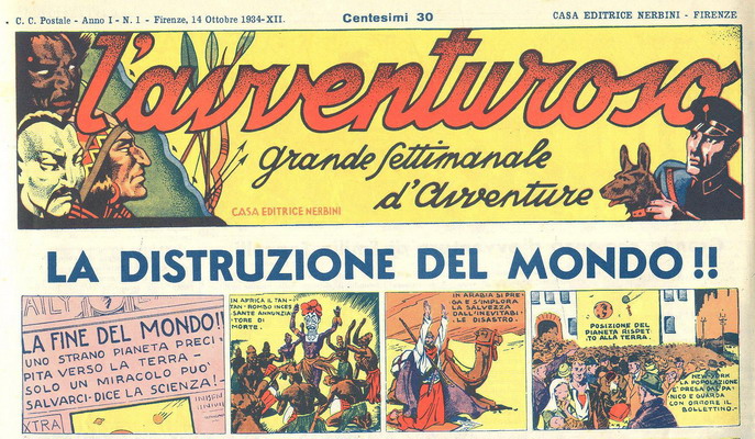 La testata e le prime tavole<br>"l'avventuroso", n. 1, 14 ottobre 1934, p. 1<br><i>(c) 1934 Nerbini</i>
