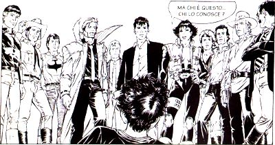 Yellow Kid e i personaggi bonelli Yellow Kid e i personaggi bonelli<br>"Kid, una strana storia", vignetta di Raul e Gianluca Cestaro<br><i>(c) 1996 Lo Scarabeo</i>