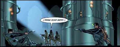 Cordiale presentazione tra Lazarus Ledd e Sam Fisher (LLrb8) Cordiale presentazione tra Lazarus Ledd e Sam Fisher (LLrb8)<br>Vignetta di Ivan Cappiello<br><i> © 2004 Ubisoft Entertainment- Ade Capone/ Star Comics</i>