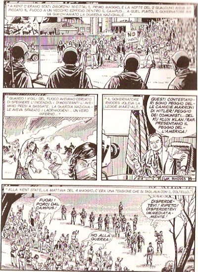 La sparatoria della Kent University<br>tavola di M. Gradin e W. Maresta, pag.83, Caravan n.8<br><i>(c) 2010 Sergio Bonelli editore</i>