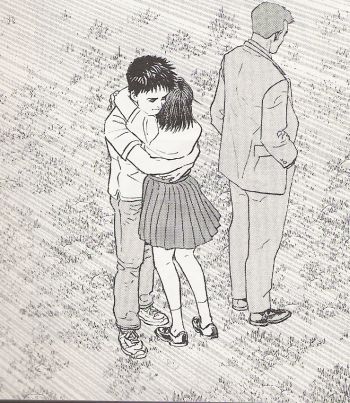 Kazuhiro lascia il posto a Takuya <br>per un abbraccio alla fidanzata Kaori<br><i>(c) 2009 Coconino Press</i>