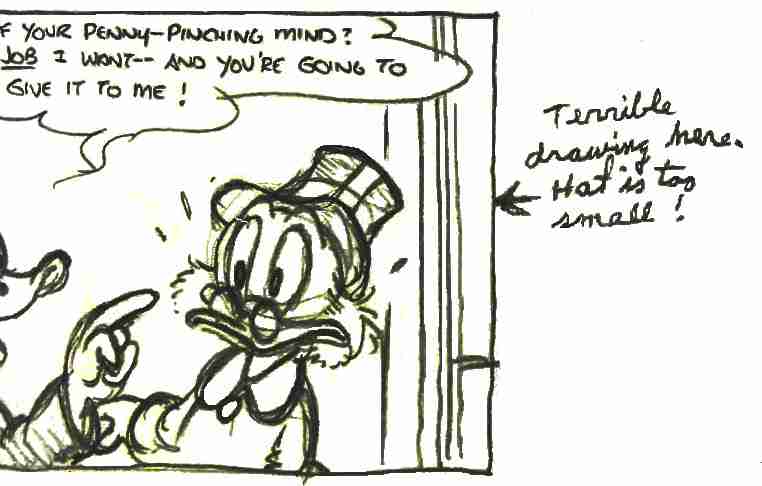 Prima versione di vignetta con commento di Barks<br>da "Somewhere in Nowhere", sceneggiatura di J. Lustig e disegni di P. Block<br><i>(c) Disney e http://www.cbarks.dk</i>