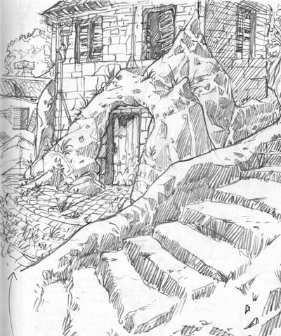 Studio Borgo San Michele<br>disegni di Fabio Celoni<br><i>(c) 2010 Fabio Celoni, Adriana Coppe & Edizioni Star Comics</i>