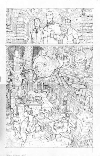 Tavola tratta da Aetheric Mechanics<br>disegni di Gianluca Pagliarani<br><i>(c) 2010 Edizioni BD</i>