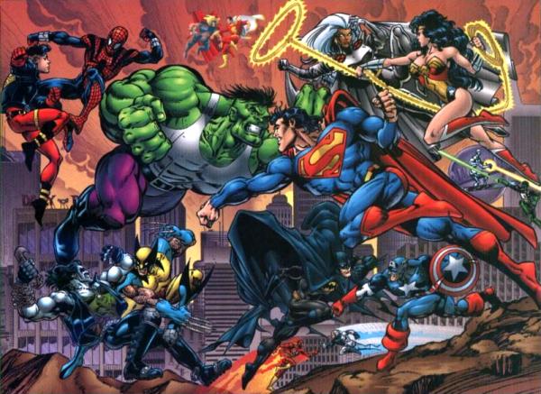 Battaglia campale tra gli eroi Marvel e DC<br>Disegni di Dan Jurgens<br><i>(c) degli aventi diritto</i>