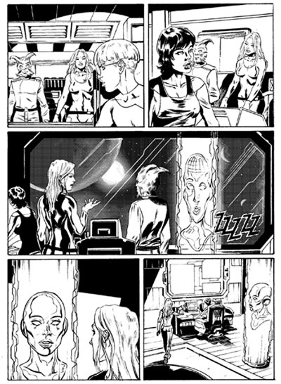 Tavola tratta da Asteroide Argo numero 4 Tavola tratta da Asteroide Argo numero 4<br>matite di Andrea Bormida, chine di Silvia Corbetta<br><i>(c) 2010 Sergio Bonelli Editore</i>
