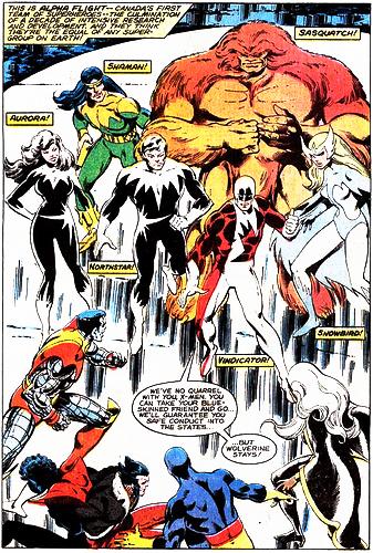 La prima apparizione di Alpha Flight, pronta ad affrontare gli X-Men La prima apparizione di Alpha Flight, pronta ad affrontare gli X-Men<br>vignetta tratta da UXM 120, disegno di John Byrne<br><i>(c) Marvel Comics</i>