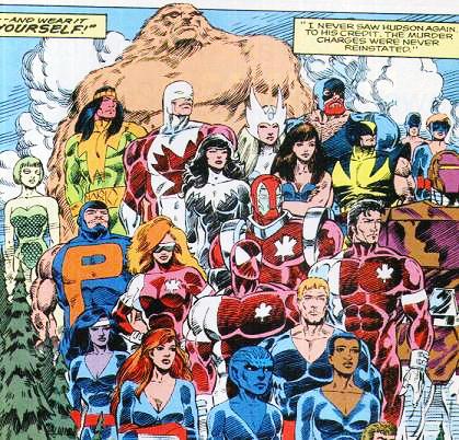 Tutti i membri, passati e futuri, di Alpha Flight Tutti i membri, passati e futuri, di Alpha Flight<br>vignetta tratta da Alpha Flight Special Vol.2, disegno di Pat Broderick<br><i>(c) Marvel Comics</i>