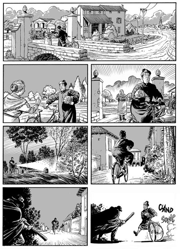 Don Camillo: tavola d'esordio del primo racconto mai scritto da Guareschi sul personaggio<br>disegni di Werner Maresta<br><i>(c) 2011 ReNoir</i>