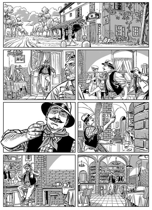 Peppone: prima tavola del racconto, con il futuro sindaco del Borgo negli anni Trenta<br>disegni di Werner Maresta<br><i>(c) 2011 ReNoir</i>