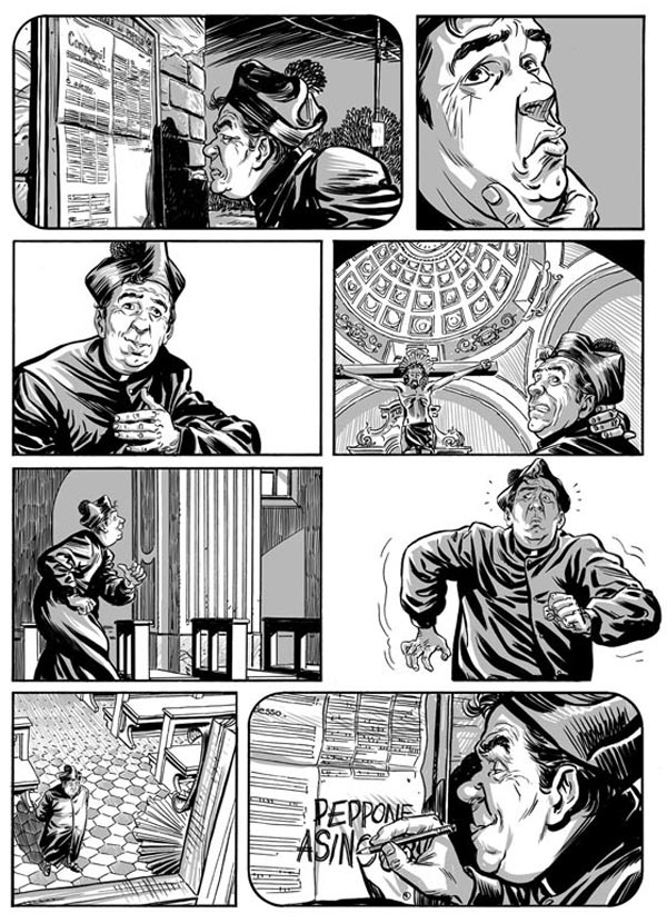 Il proclama di Peppone: la mimica di don Camillo<br>disegni di Werner Maresta<br><i>(c) 2011 ReNoir</i>