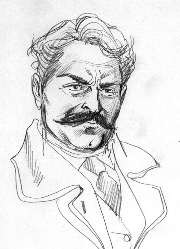 Studio Personaggi: Peppone ispirato dalla fisionomia di Giovannino Guareschi.<br>disegni di Sergio Gerasi<br><i>(c) 2011 ReNoir</i>