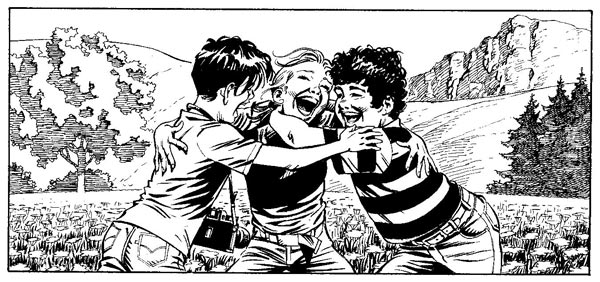 Fabio, Chiara e Alfredo, i tre personaggi principali da adolescenti Fabio, Chiara e Alfredo, i tre personaggi principali da adolescenti<br>disegni di Luigi Simeoni, Stria, pag.314<br><i>(c) 2011 Sergio Bonelli Editore</i>