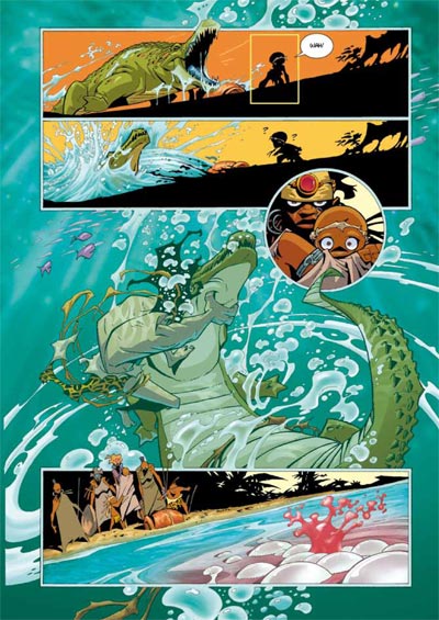 Tavola tratta dal volume Superman Tarzan<br>disegni di Carlos Meglia, colori di Dave Stewart<br><i>(c) 2011 Bao Publishing</i>
