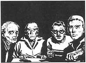 Da destra a sinistra: Juan Galvez (l’Eternauta), Ferri, Lucas e Polsky<br>disegni di Solano Lòpez<br><i>(c) Editorial Frontera / Eura Editoriale</i>