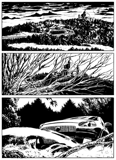 Nero a più voci - Nuvole Nere numero 2 - Tavola 1<br>disegni di Fabio Ramacci<br><i>(c) 2011 Carlo Lucarelli & Edizioni Star Comics</i>