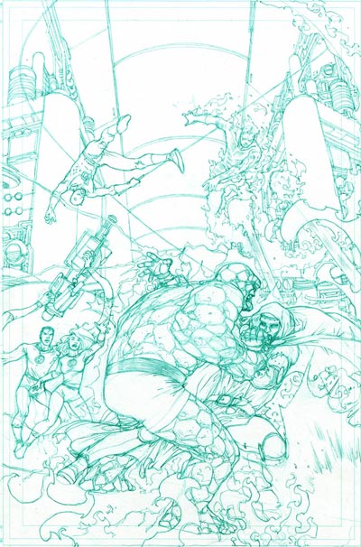 Tavola tratta dalla miniserie Spider-Man & I Fantastici 4 - matite<br>disegni di Mario Alberti<br><i>(c) 2011 Panini Comics</i>