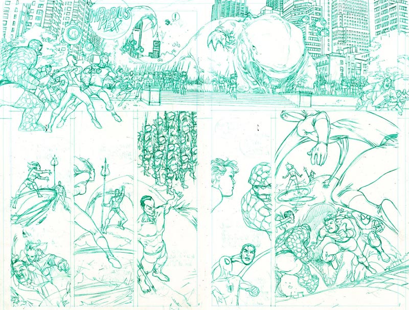 Tavola doppia tratta dalla miniserie Spider-Man & I Fantastici 4 - matite<br>disegni di Mario Alberti<br><i>(c) 2011 Panini Comics</i>