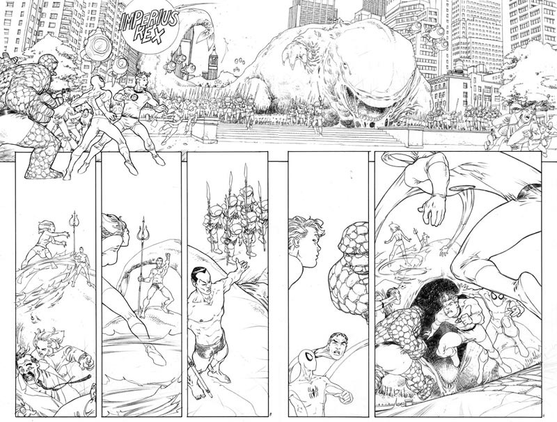 Tavola doppia tratta dalla miniserie Spider-Man & I Fantastici 4 - chine<br>disegni di Mario Alberti<br><i>(c) 2011 Panini Comics</i>