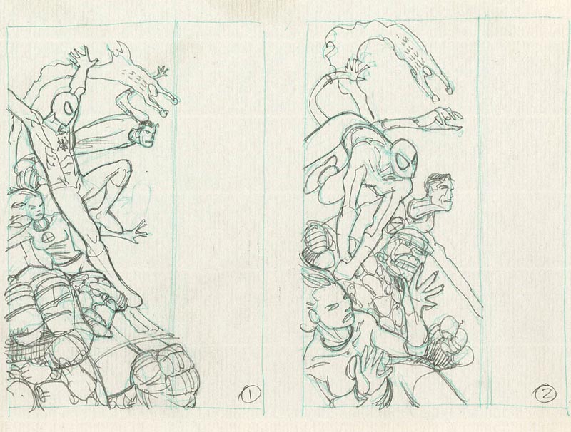 Cover Albo Numero 1 USA miniserie Spider-Man & I Fantastici 4 - schizzi<br>disegni di Mario Alberti<br><i>(c) 2011 Panini Comics</i>