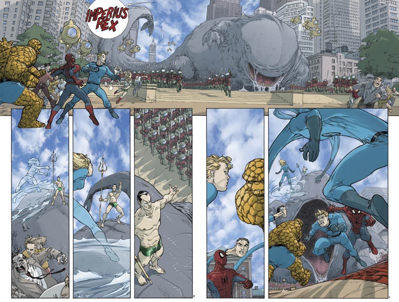 Tavola doppia tratta dalla miniserie Spider-Man & I Fantastici 4<br>disegni e colori di Mario Alberti<br><i>(c) 2011 Panini Comics</i>