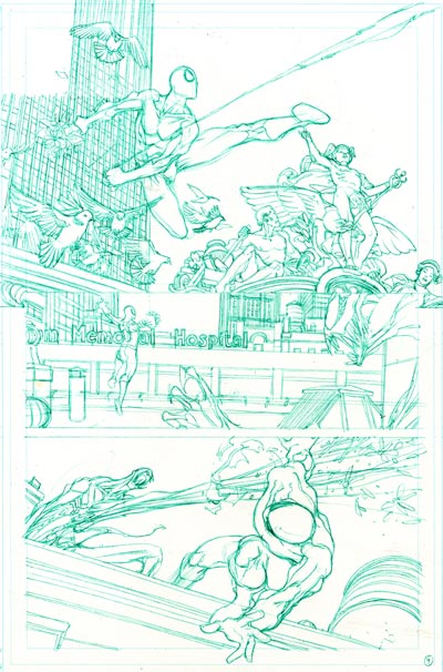 Tavola tratta dalla miniserie Spider-Man & I Fantastici 4 - matite<br>disegni di Mario Alberti<br><i>(c) 2011 Panini Comics</i>