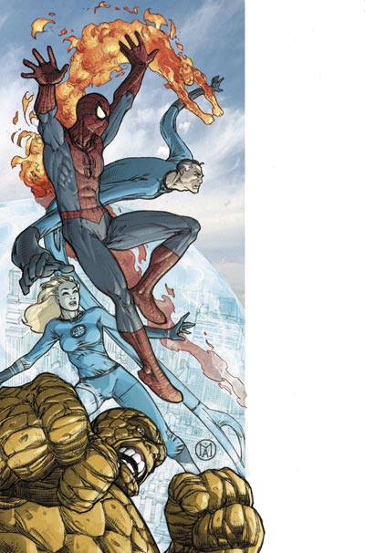 Cover Albo Numero 1 USA miniserie Spider-Man & I Fantastici 4<br>disegni e colori di Mario Alberti<br><i>(c) 2011 Panini Comics</i>