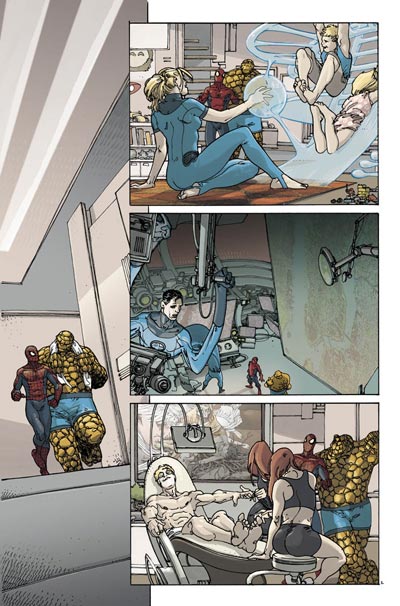 Tavola tratta dalla miniserie Spider-Man & I Fantastici 4<br>disegni e colori di Mario Alberti<br><i>(c) 2011 Panini Comics</i>