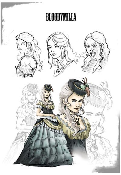 Bloodymilla - Studio Personaggi: Bloodymilla<br>disegni di Roberta Ingranata ed Elena Cesana<br><i>(c) 2011 DelosBooks</i>