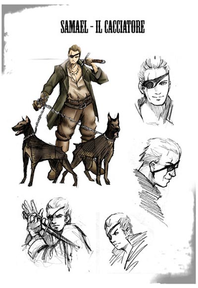 Bloodymilla - Studio Personaggi: Samael il cacciatore<br>disegni di Roberta Ingranata ed Elena Cesana<br><i>(c) 2011 DelosBooks</i>