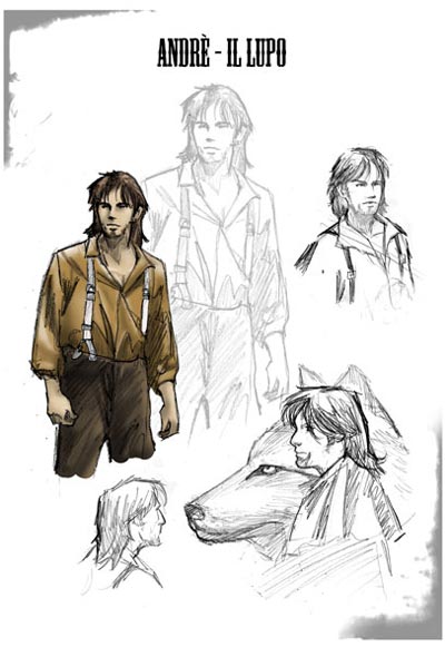 Bloodymilla - Studio Personaggi: Andrè il Lupo<br>disegni di Roberta Ingranata ed Elena Cesana<br><i>(c) 2011 DelosBooks</i>