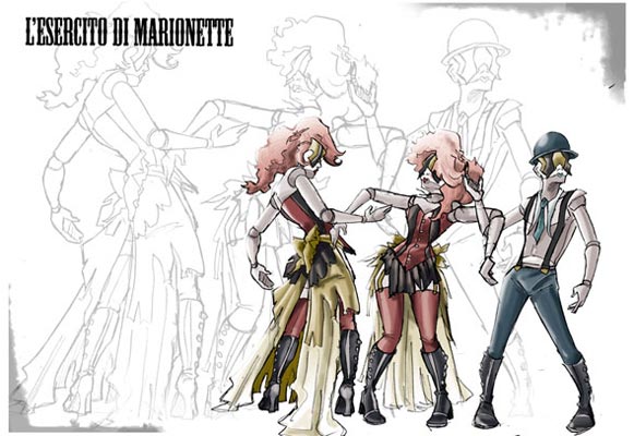 Bloodymilla - Studio Personaggi: L'esercito di Marionette<br>disegni di Roberta Ingranata ed Elena Cesana<br><i>(c) 2011 DelosBooks</i>