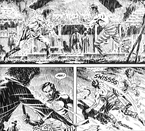 Resa dei conti tra Badeaux (a torno nudo) e Varant Resa dei conti tra Badeaux (a torno nudo) e Varant<br>disegni di Marcello Mangiantini, Zagor n.559, pag.35<br><i>(c) 2012 Sergio Bonelli Editore</i>