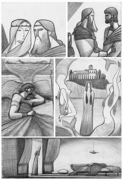Tavola tratta da Nausicaa - Matita<br>disegni di Andrea Serio<br><i>(c) 2012 Vittorio Pavesio Productions</i>
