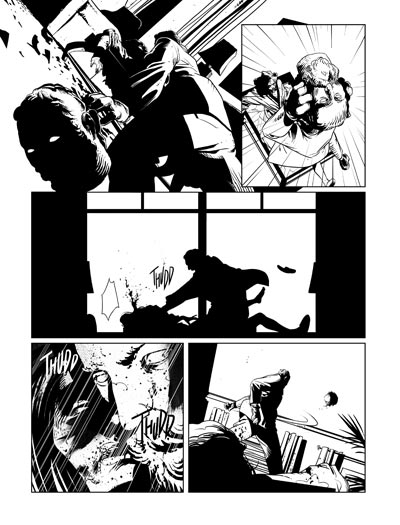 Tavola tratta da LAW numero 3<br>disegni di Ennio Bufi<br><i>(c) 2012 Davide G.G. Caci, Giorgio Salati, Fabiano Ambu & Edizioni Star Comics</i>