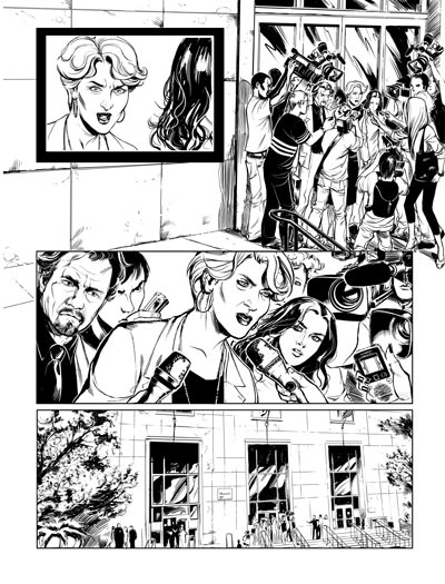Tavola tratta da LAW numero 1<br>disegni di Enza Fontana<br><i>(c) 2012 Davide G.G. Caci, Giorgio Salati, Fabiano Ambu & Edizioni Star Comics</i>