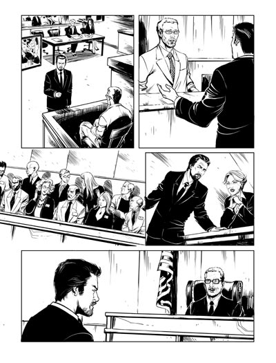 Tavola tratta da LAW numero 1<br>disegni di Enza Fontana<br><i>(c) 2012 Davide G.G. Caci, Giorgio Salati, Fabiano Ambu & Edizioni Star Comics</i>